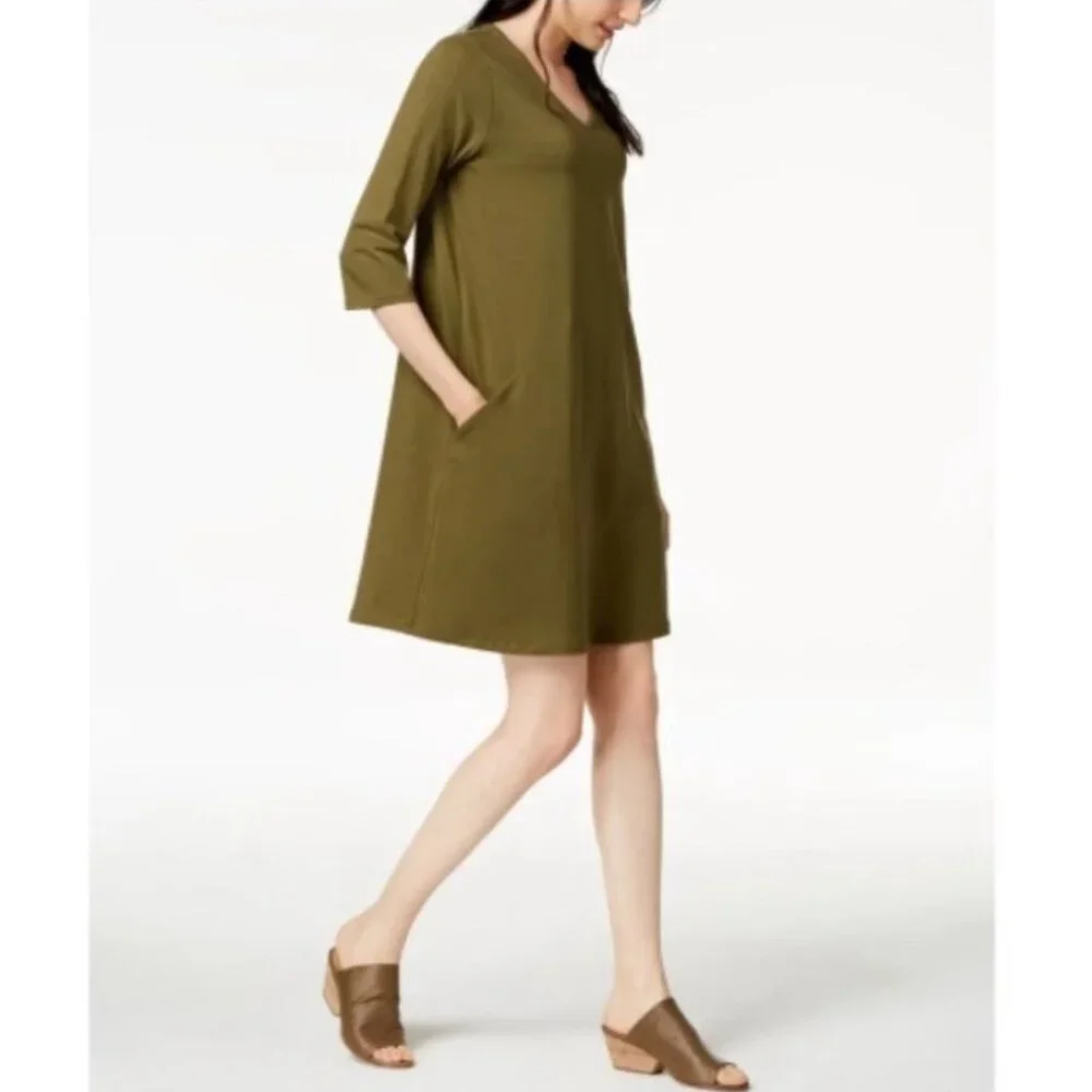 EILEEN FISHER Women's NEW Organic Cotton Stretch Jersey Dress w/Pockets | Size L